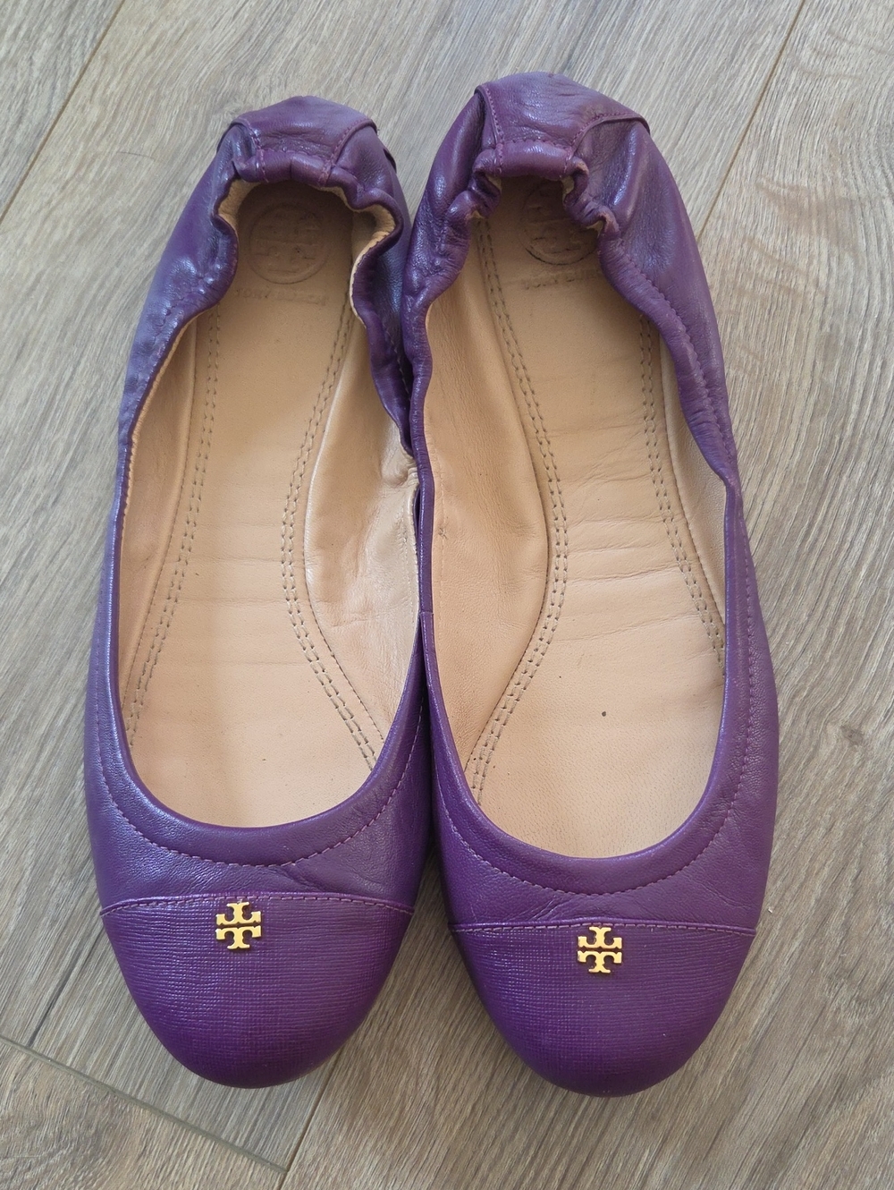 Tory Burch Plum Leather Logo Ballet Flats